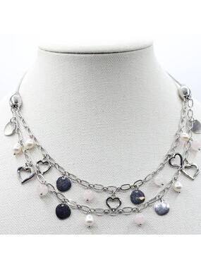 Vantel Silver Chain Pearl Quartz Daydreams Double Strand Charm Necklace ~ NEW